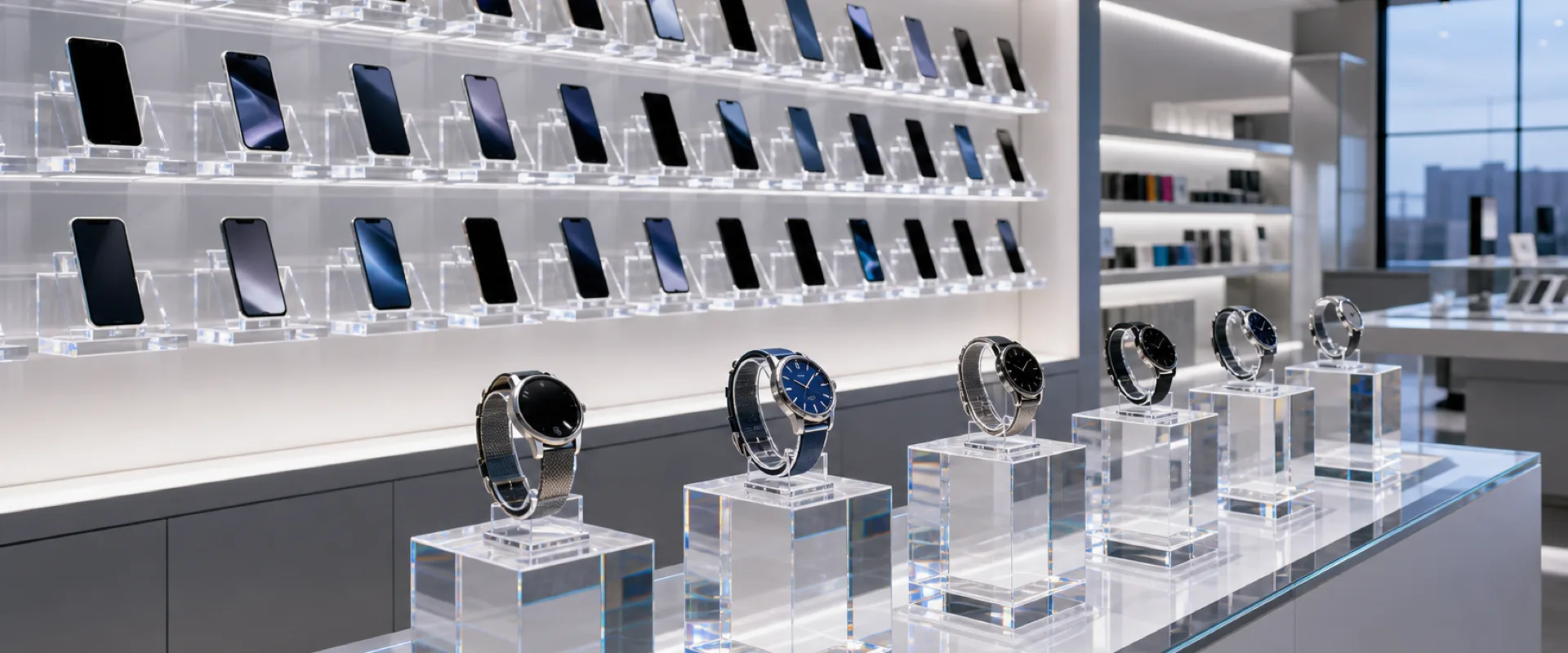 Custom acrylic phone, watch, and electronics display stands for retail — angled cradles, pedestals, and security fixtures