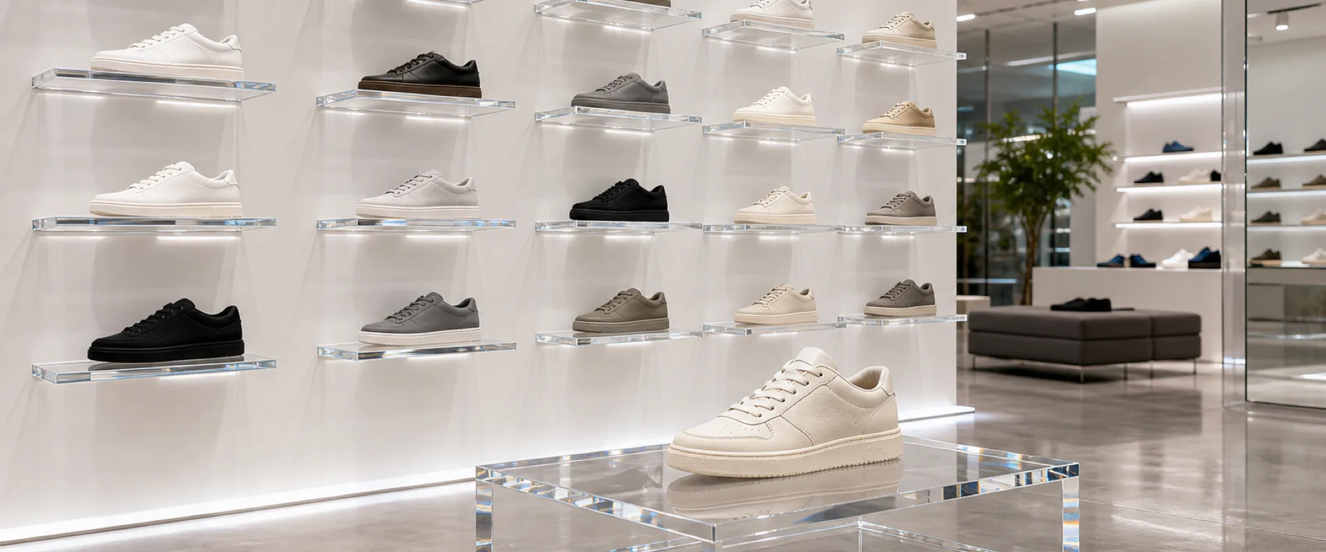 Custom acrylic shoe displays for footwear retail — floating shelves, risers, and mirror-finish pedestals