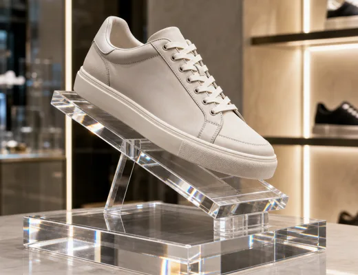 Standardized acrylic shoe risers and pedestals for a multi-store footwear rollout
