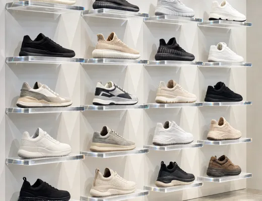 Acrylic floating shoe wall system with clear shelves in a sneaker boutique