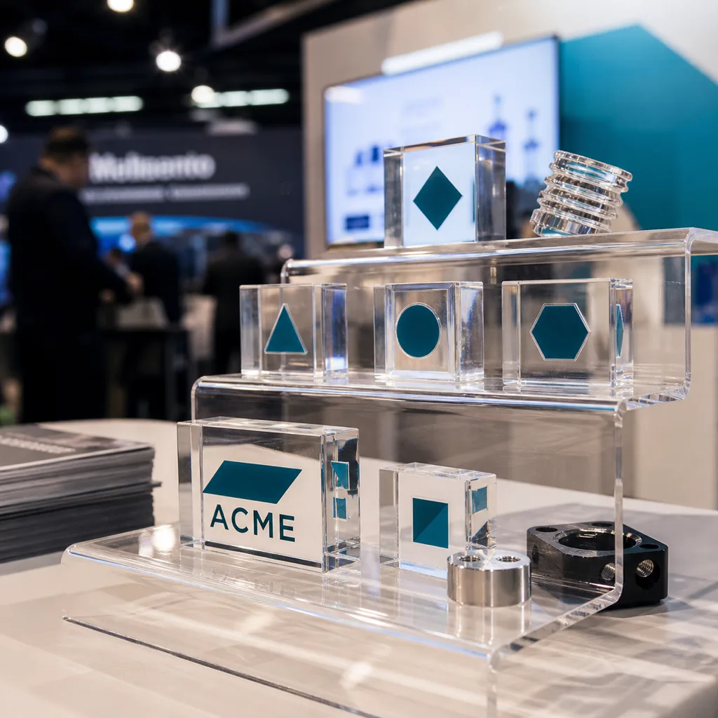 Tiered acrylic riser steps on a trade show booth counter displaying branded acrylic giveaway blocks and product samples