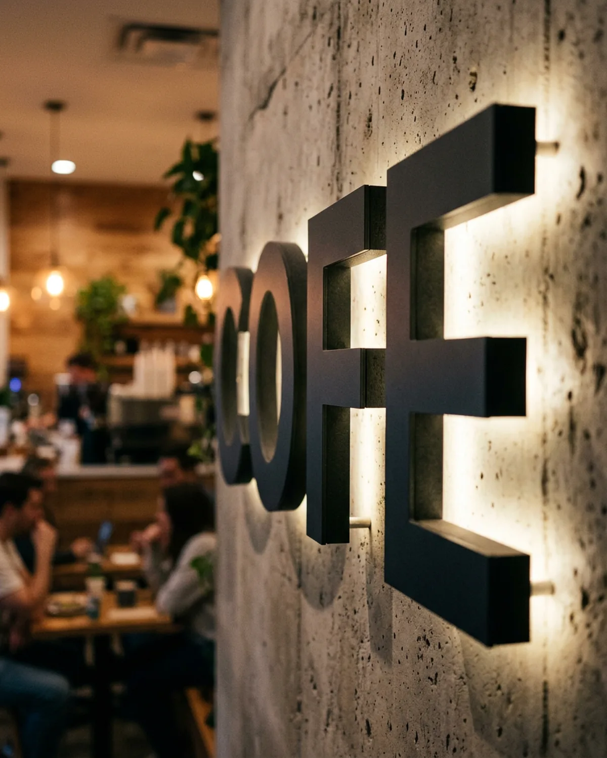 1,350 dimensional 3D acrylic letters with interior halo lighting and weather-rated exterior finish installed across a 45-store specialty coffee chain