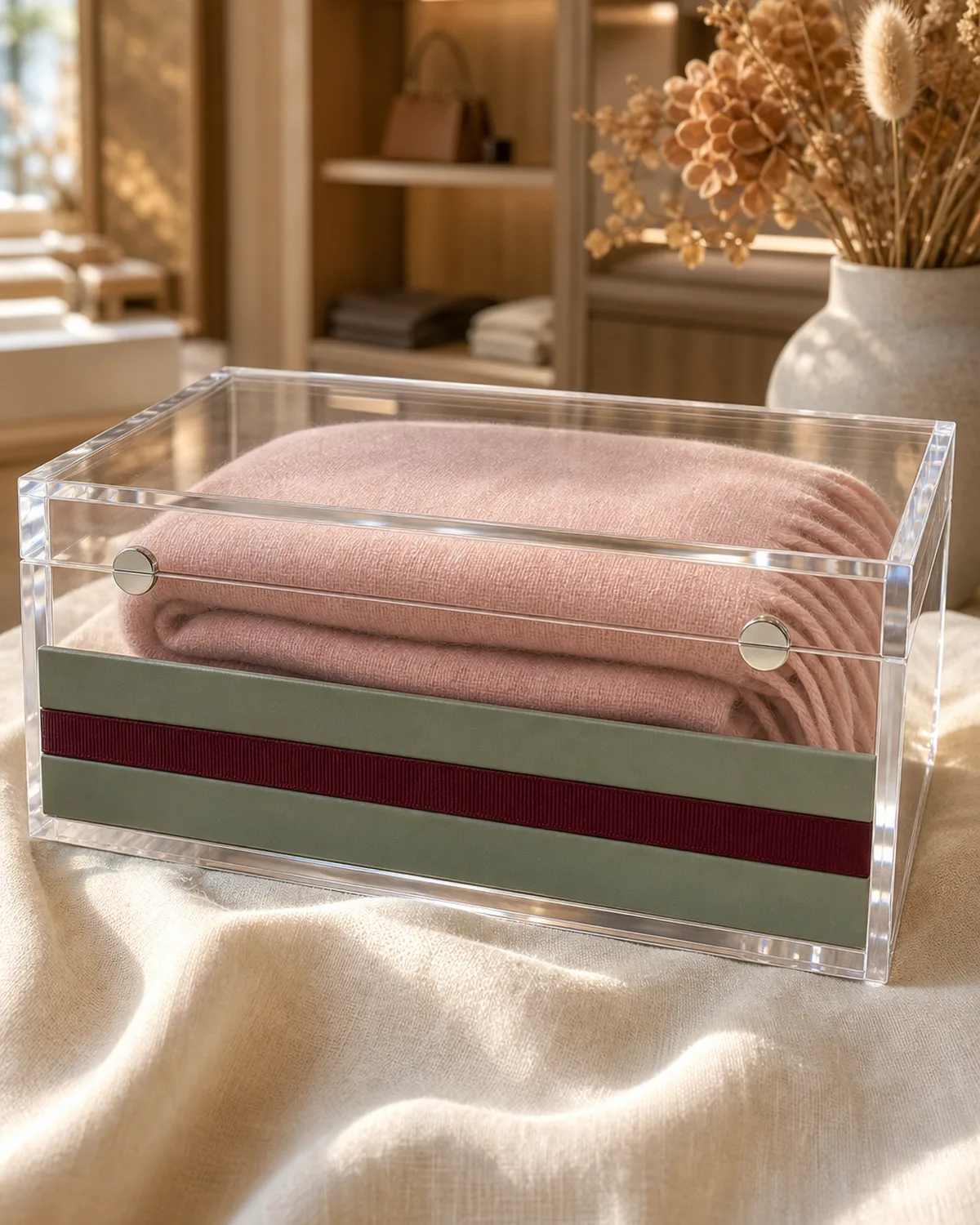 250 custom acrylic gift boxes in 5 SKU formats and 6 brand colorways with magnetic lids and ribbon channels for a boutique gift brand