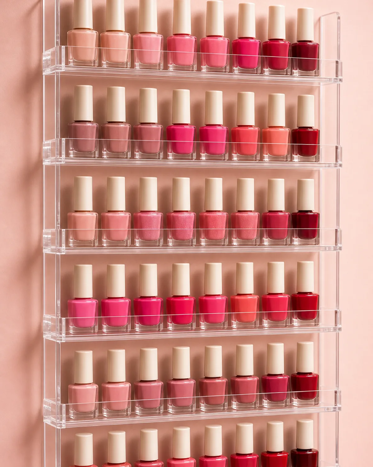 620 tiered acrylic nail-polish wall fixtures with 48-bottle capacity, laser-etched labels and hidden French-cleat mounts for a 240-salon European network