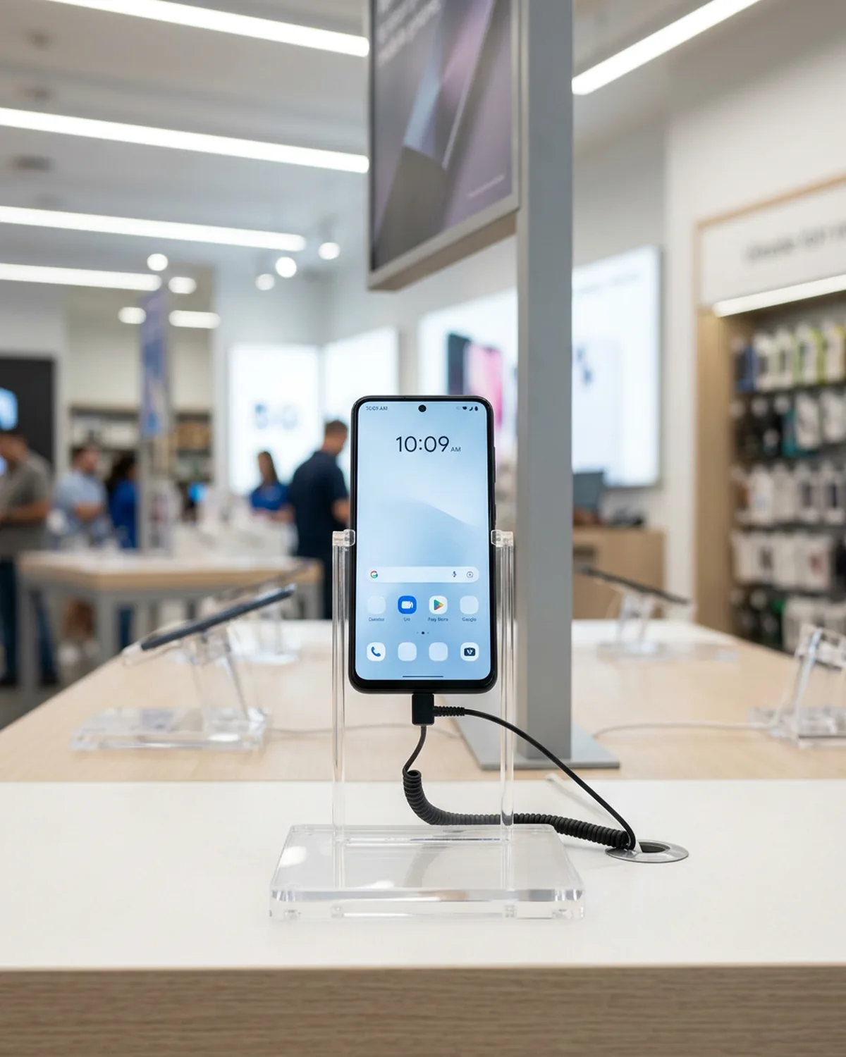 1,800 anti-theft acrylic phone display stands with form-factor wedges installed across a 1,200-door carrier retail program
