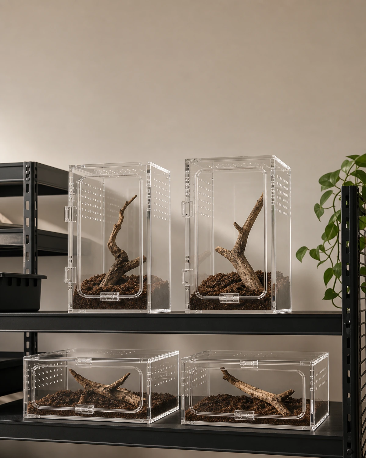 Four acrylic tarantula enclosure SKUs arranged on a breeder rack — two arboreal vertical and two terrestrial horizontal bodies with EPDM anti-escape gasket along the lid line, ±0.3 mm front sliders, and swappable rear vent inserts visible