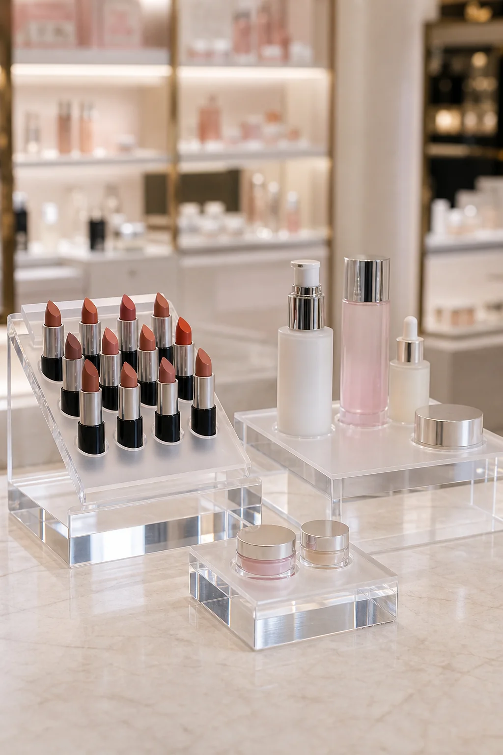 Three cast acrylic (PMMA) counter display units for a beauty brand — a lipstick tester stand with frosted insert tray, a skincare counter unit, and a small shelf riser arranged on a retail beauty counter