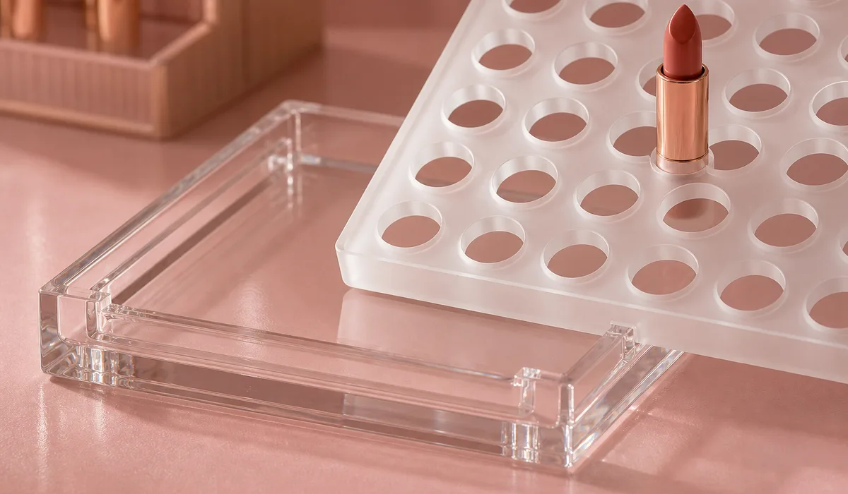 Frosted acrylic tester insert tray lifted partway out of a clear cast acrylic counter display base, showing the recessed keyed seat that locates the replaceable tray