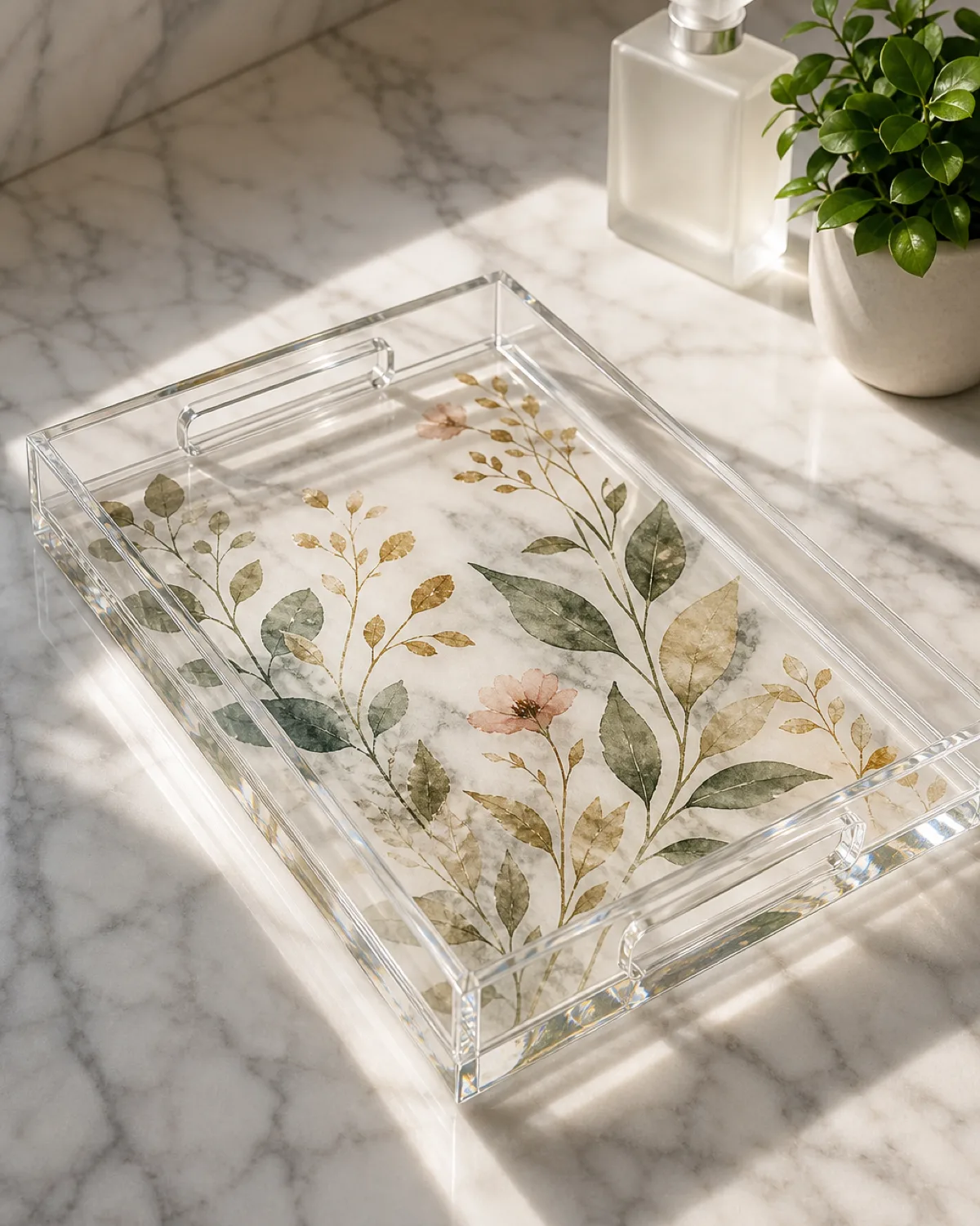 520 reverse-printed acrylic trays with diamond-polished edges across 3 artwork SKUs produced for a luxury fragrance house