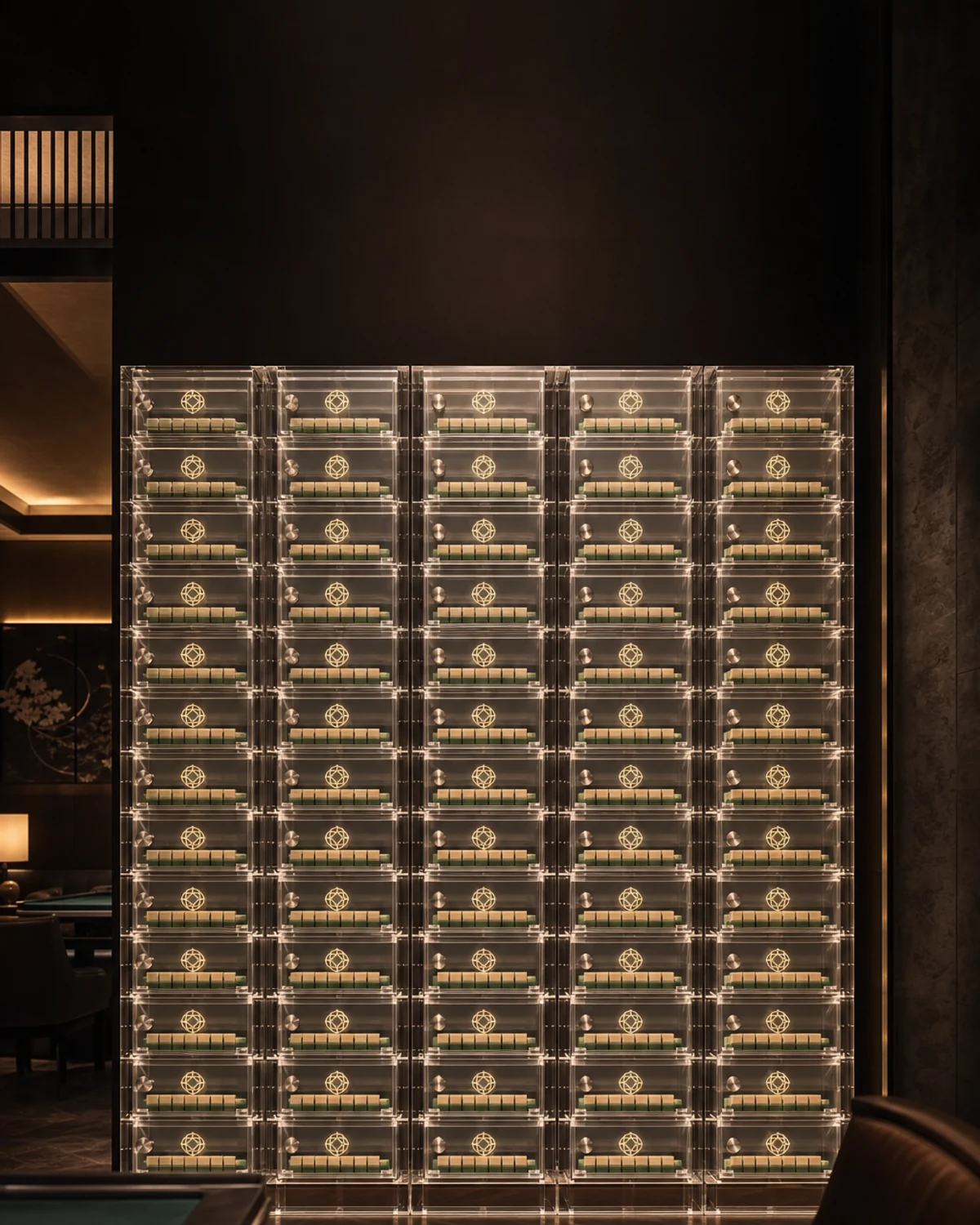60-locker brand-color UV-etched cast PMMA member-locker display wall with lockable hinges installed at a premium boutique mahjong lounge