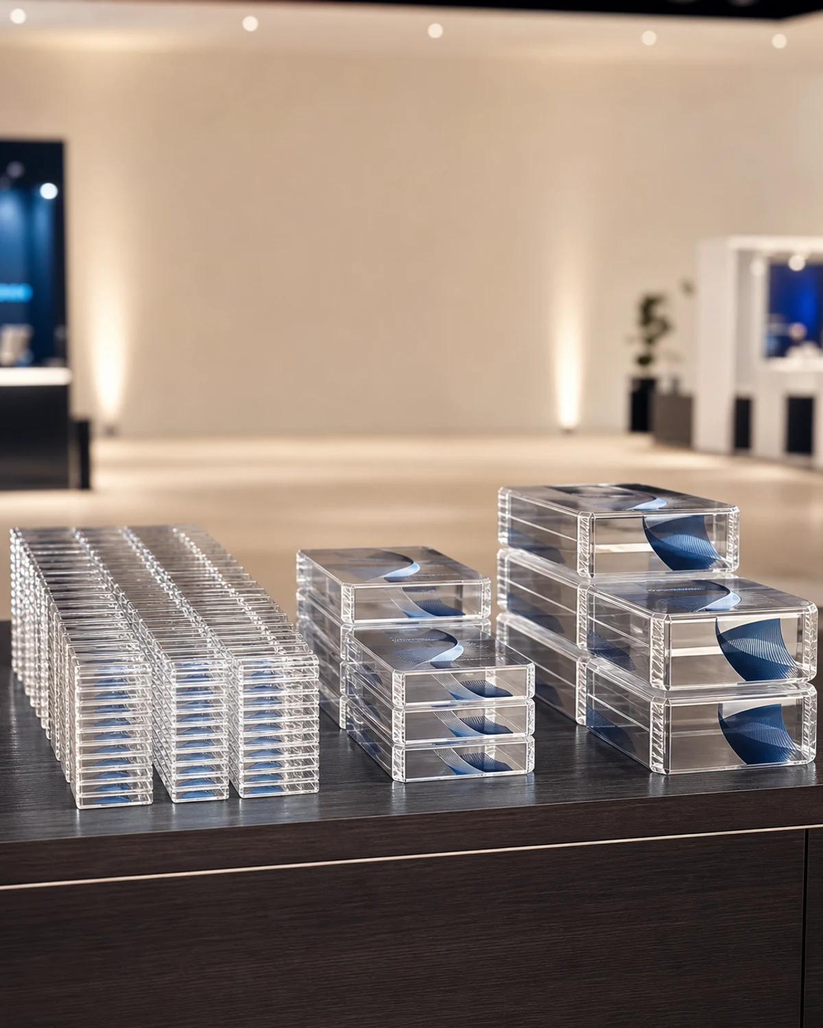 Branded 3-tier acrylic giveaway blocks arranged on a trade-show booth surface — 8 mm, 15 mm, and 25 mm cast PMMA squares with UV-printed front graphic and laser-engraved edge signature, nested in foam-grid case insert
