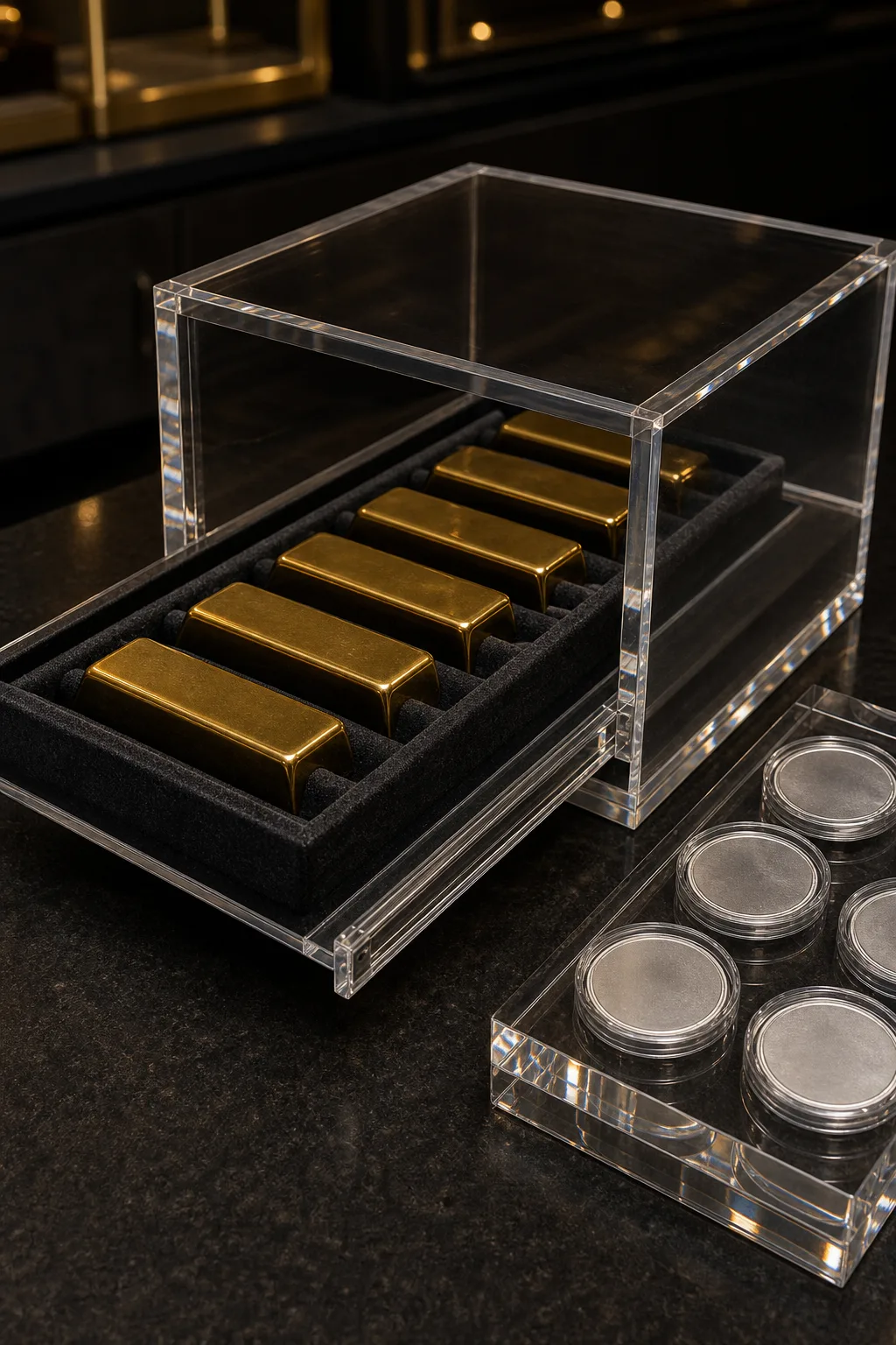 Clear acrylic slide-base display case holding gold bullion bars in felt-lined channels, beside a plexiglass capsule block of encapsulated silver rounds on a dealer counter
