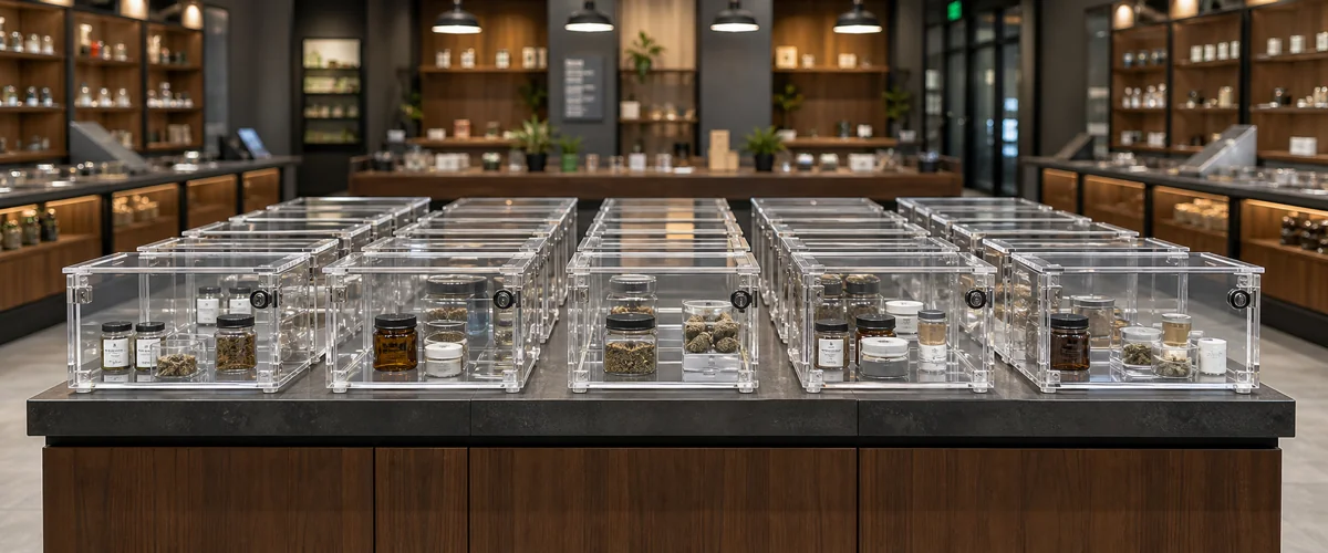 96 locking acrylic cannabis display cases with multi-state regulatory-compliant fittings rolled out across a 12-store dispensary chain in CO, MA and CA