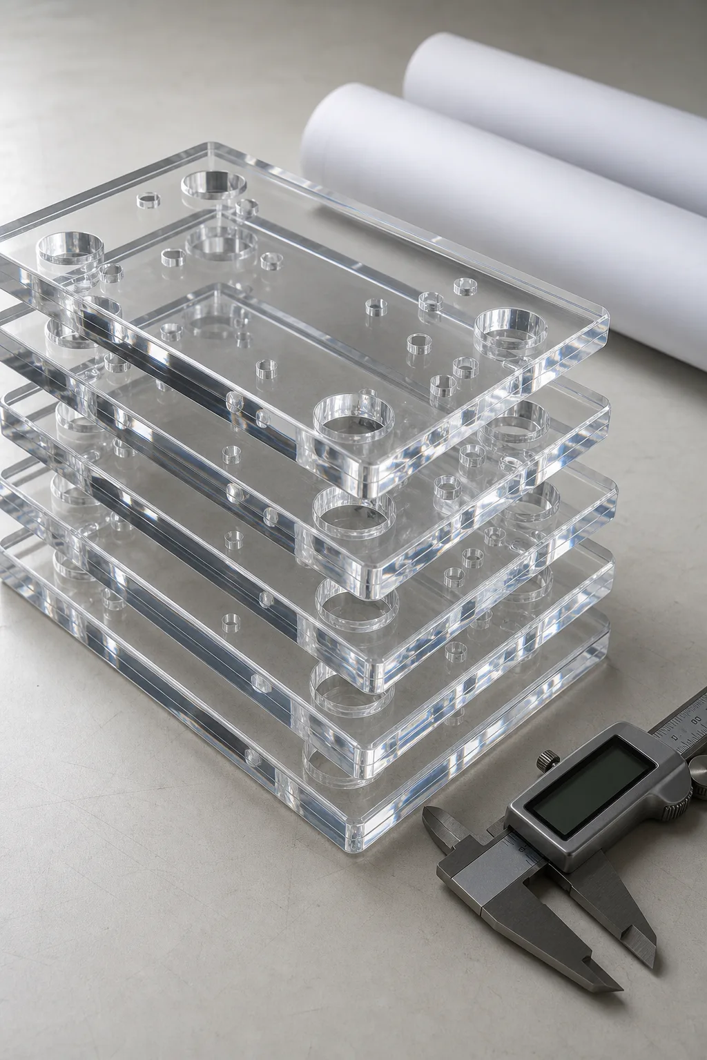 CNC-machined clear cast acrylic (PMMA) instrument bases with drilled mounting holes and diamond-polished edges, stacked beside technical drawings for a German industrial OEM order