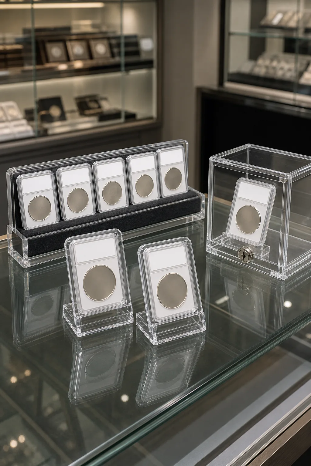 Clear acrylic coin display set on a shop counter — angled single stands holding graded coin slabs, a felt-lined six-slot block, and a lockable countertop case