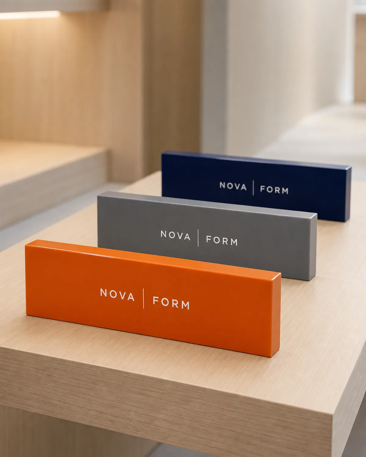 Row of solid-color UV-printed acrylic corporate logo blocks with white co-brand wordmarks standing on a showroom shelf, polished PMMA edges catching the light