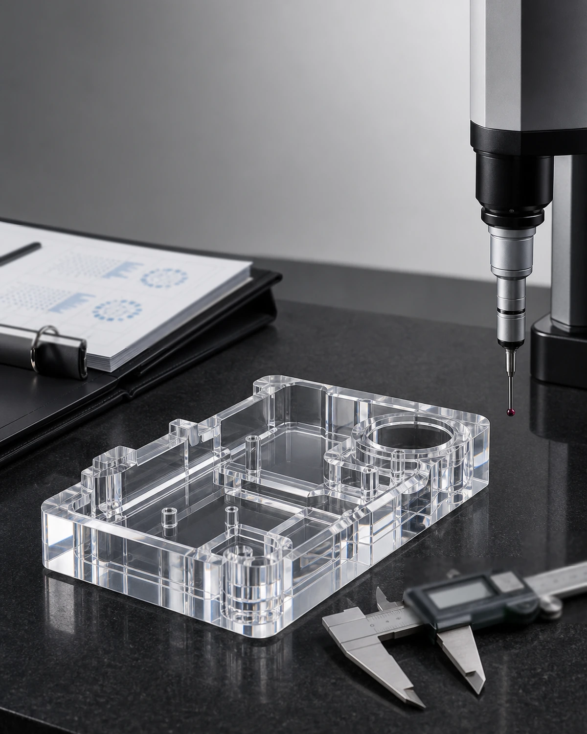 Precision-machined cast PMMA housing and window panels arranged on a QC inspection bench — diamond-polished optical faces, chamfered edges, with CMM probe and FAI report visible alongside the 800-unit production batch
