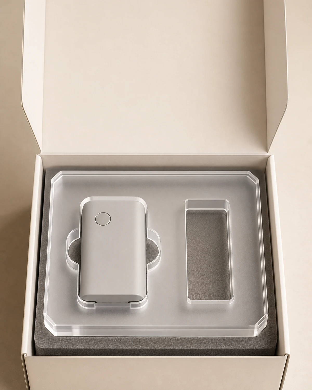 5,000 matte-finish 4 mm cast PMMA packaging insert trays arranged on production QC bench — product-silhouette die-cut visible with 3 mm brand-color foam pairing layer beneath.