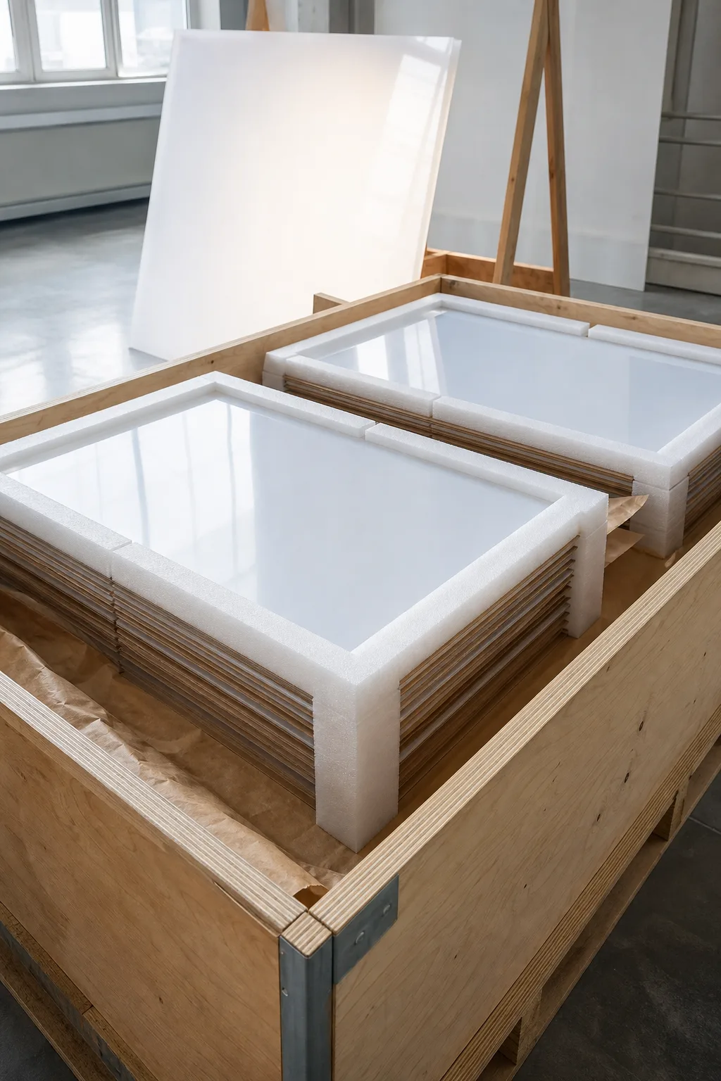Cut-to-size opal white cast acrylic PMMA sheets stacked flat with interleaving paper and foam edge protectors inside an open plywood shipping crate