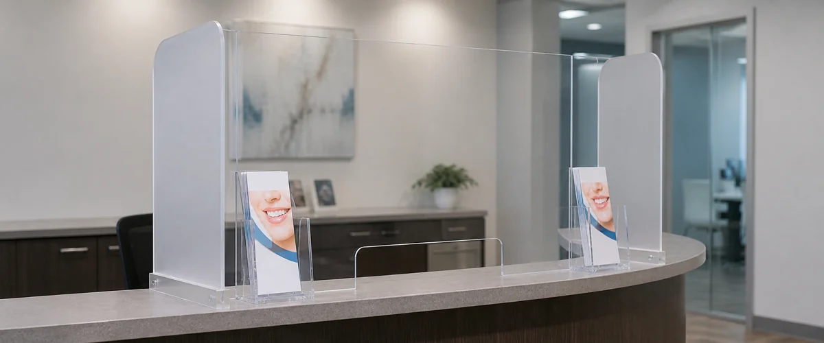 3-in-1 acrylic reception sneeze guard with integrated brochure pockets installed across 6 HIPAA-compliant dental practices