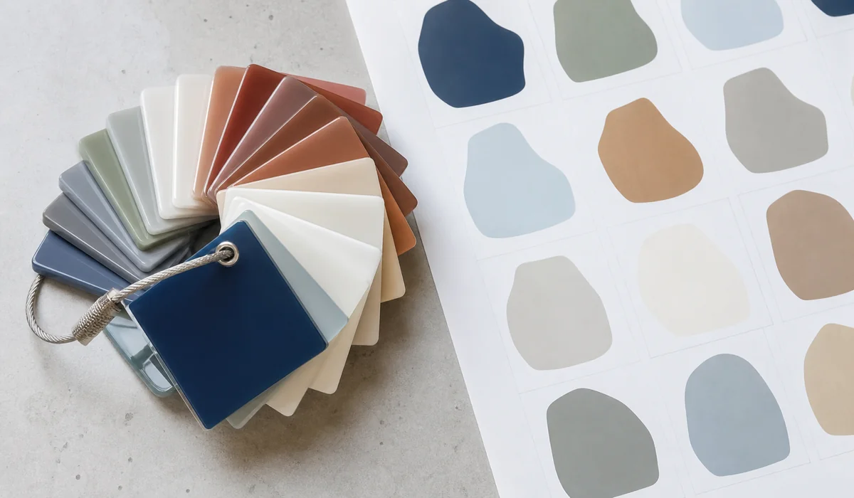 Flat lay of pigmented acrylic color swatch chips beside a printed color-blob artwork reference sheet on a factory workbench, glossy PMMA chips in two collection palettes