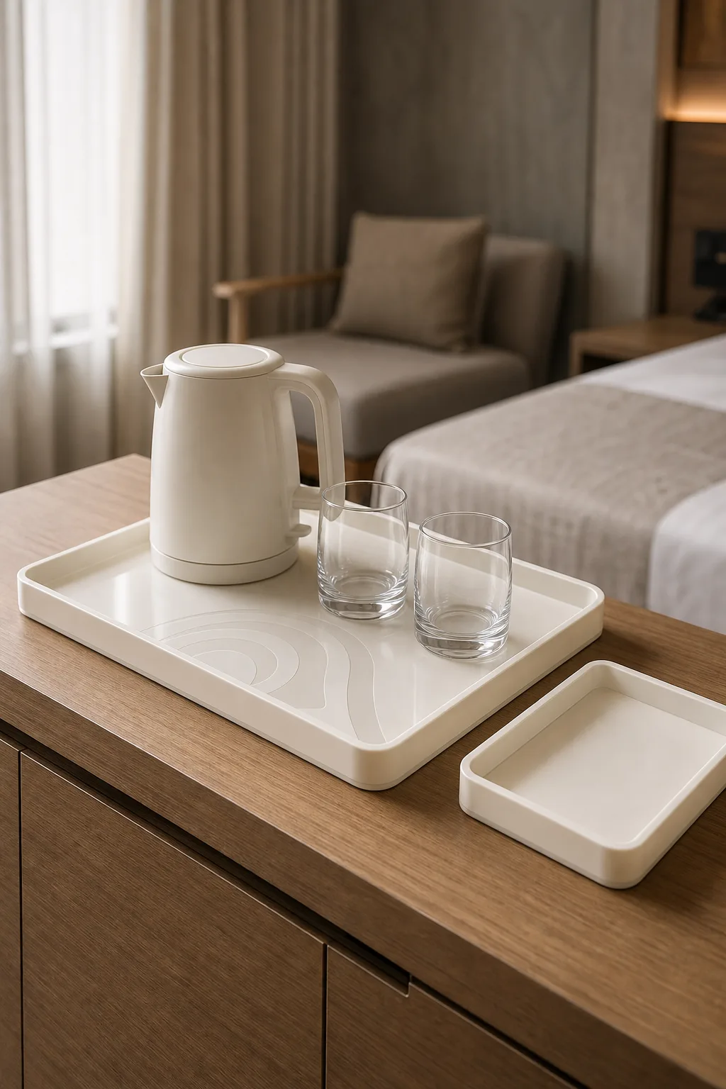 Warm white acrylic hotel amenity trays with a laser-etched logo on a guest-room console — a large bar tray holding a kettle and cups beside a smaller bathroom vanity tray