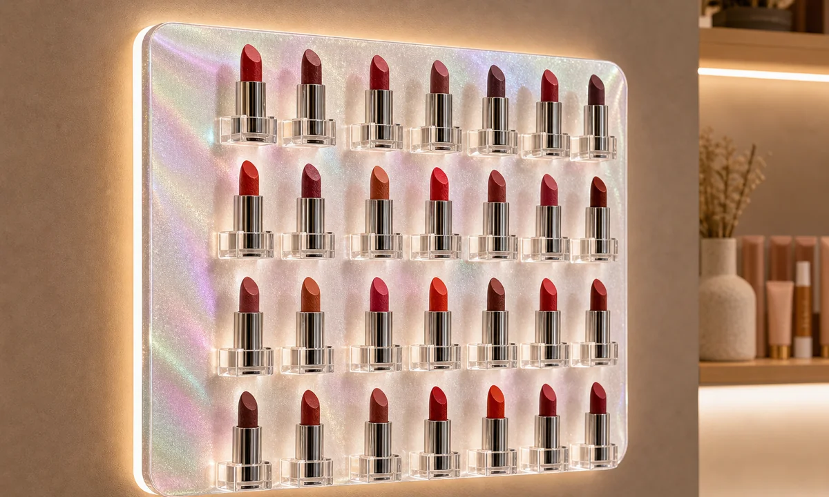 Pearlescent Acrylic Lipstick Wall Display: 192-Unit Indie Beauty Rollout