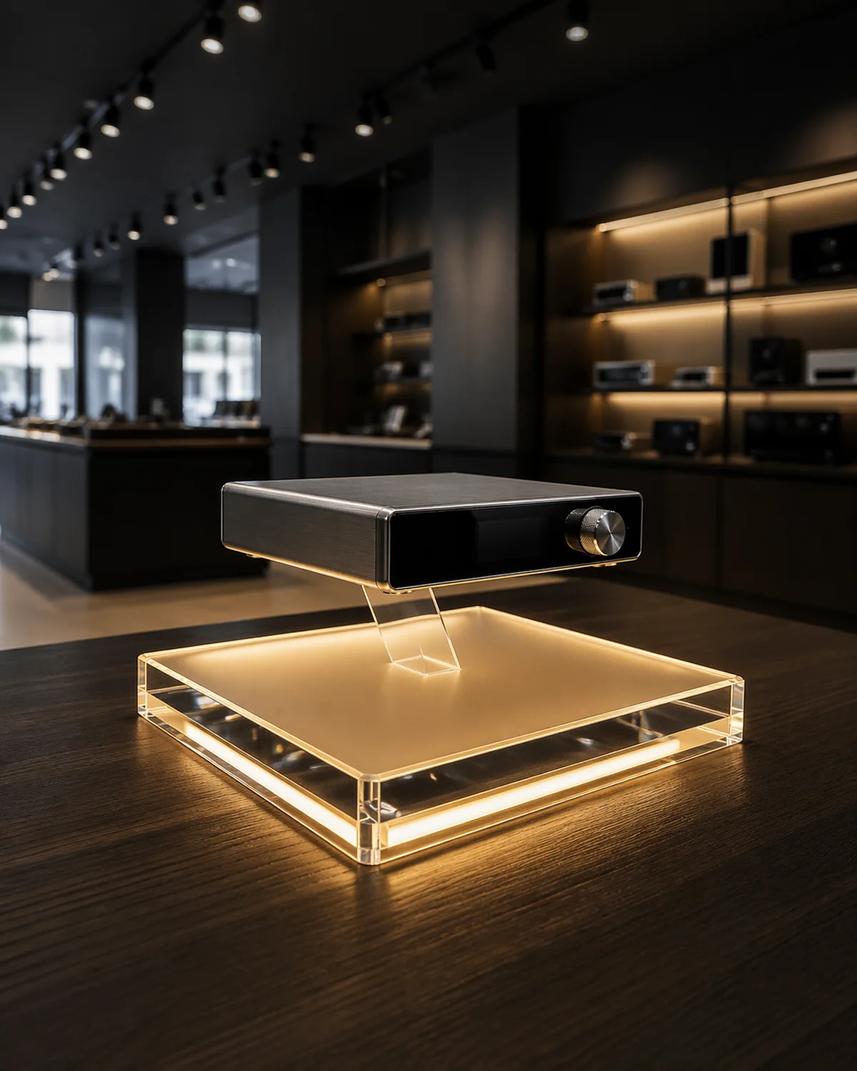 450 LED-integrated acrylic display stands with an invisible floating-effect support rig produced for a consumer-electronics retail program