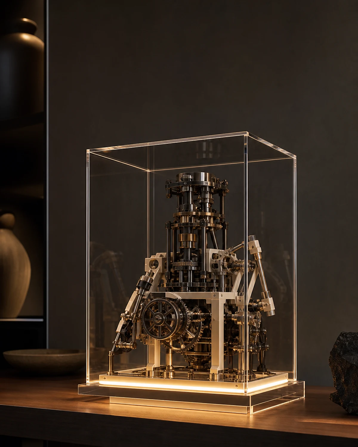 Four acrylic vertical display cases for LEGO Technic flagship sets — 5 mm cast PMMA, cantilever-base, bottom-rim LED illuminating mechanical detail