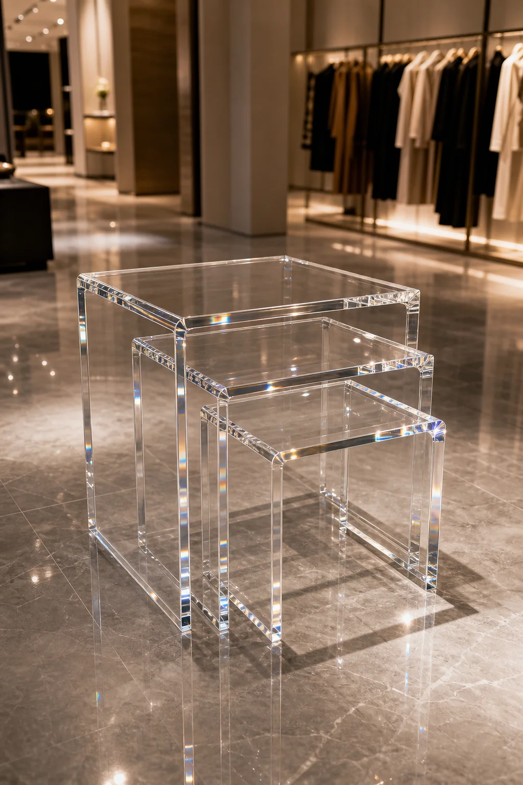 Three nesting acrylic side tables in graduated sizes arranged on a luxury retail showroom floor, 12 mm cast PMMA with diamond-polished edges catching showroom spot lighting