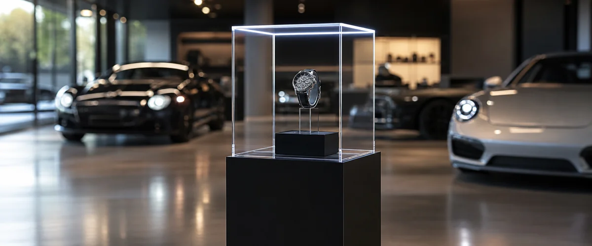 12 dual-brand engraved acrylic luxury watch pedestals rated for 60-lb load installed across 6 automotive showrooms for a watch and auto co-brand activation