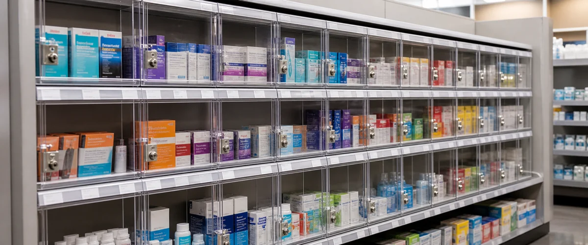 216 locking acrylic OTC display cases with keyed loss-prevention access installed across an 18-store pharmacy chain