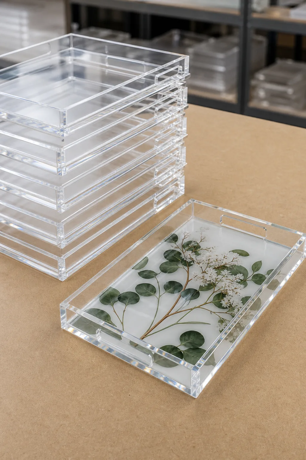 Stack of blank clear acrylic photo trays beside a bottom-printed tray showing a floral design through the glossy base, on a fulfillment workbench