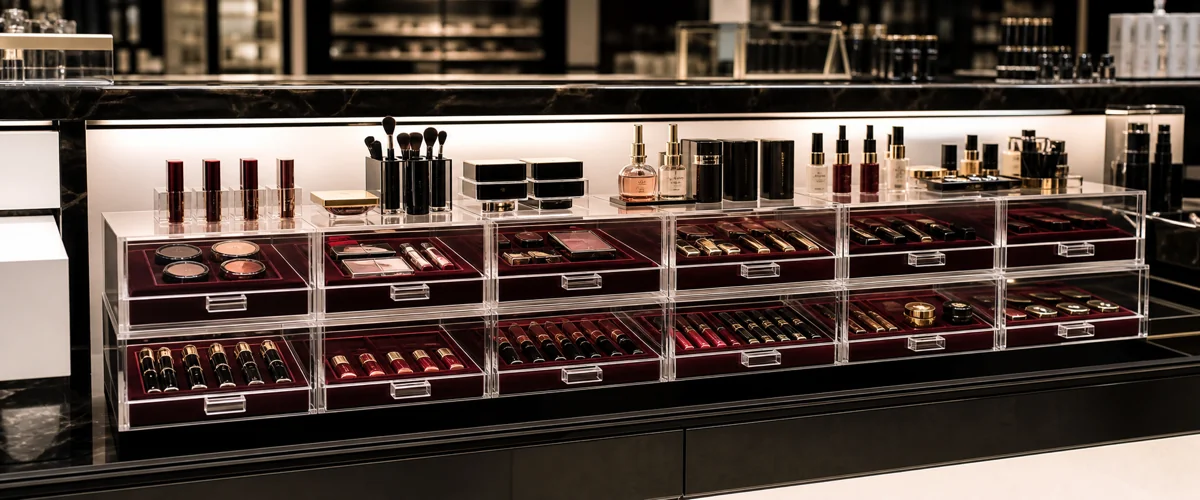 108 drawer-format acrylic cosmetics organizers with Pantone-matched velvet inserts and UV-print branding rolled out across 18 department-store counters