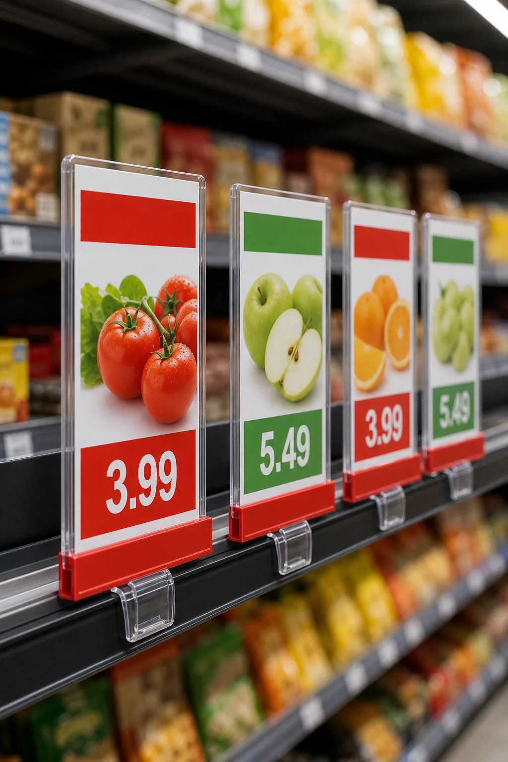 1,000 branded cast acrylic shelf-edge sign holders across 3 SKUs installed on aisle shelving in a 20-store Middle East supermarket chain