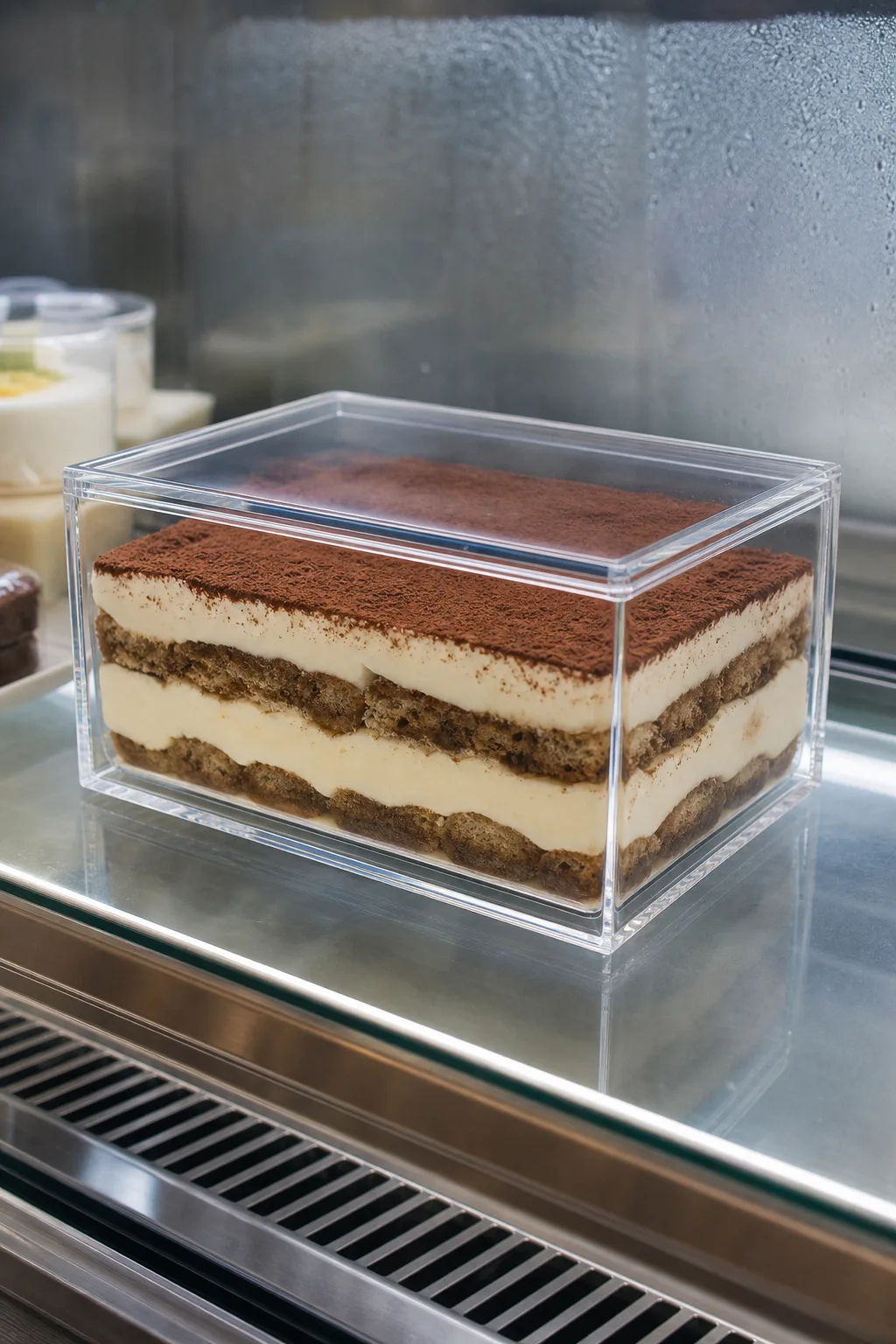 Clear acrylic tiramisu display box with fitted lid inside a refrigerated cafe cabinet, one of 800 food-contact plexiglass dessert boxes