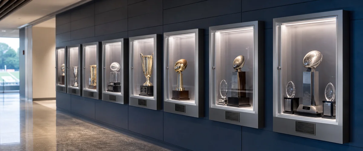 8 locking UV-grade cast PMMA trophy display cases with 50-year design life installed in a university athletic hall renovation