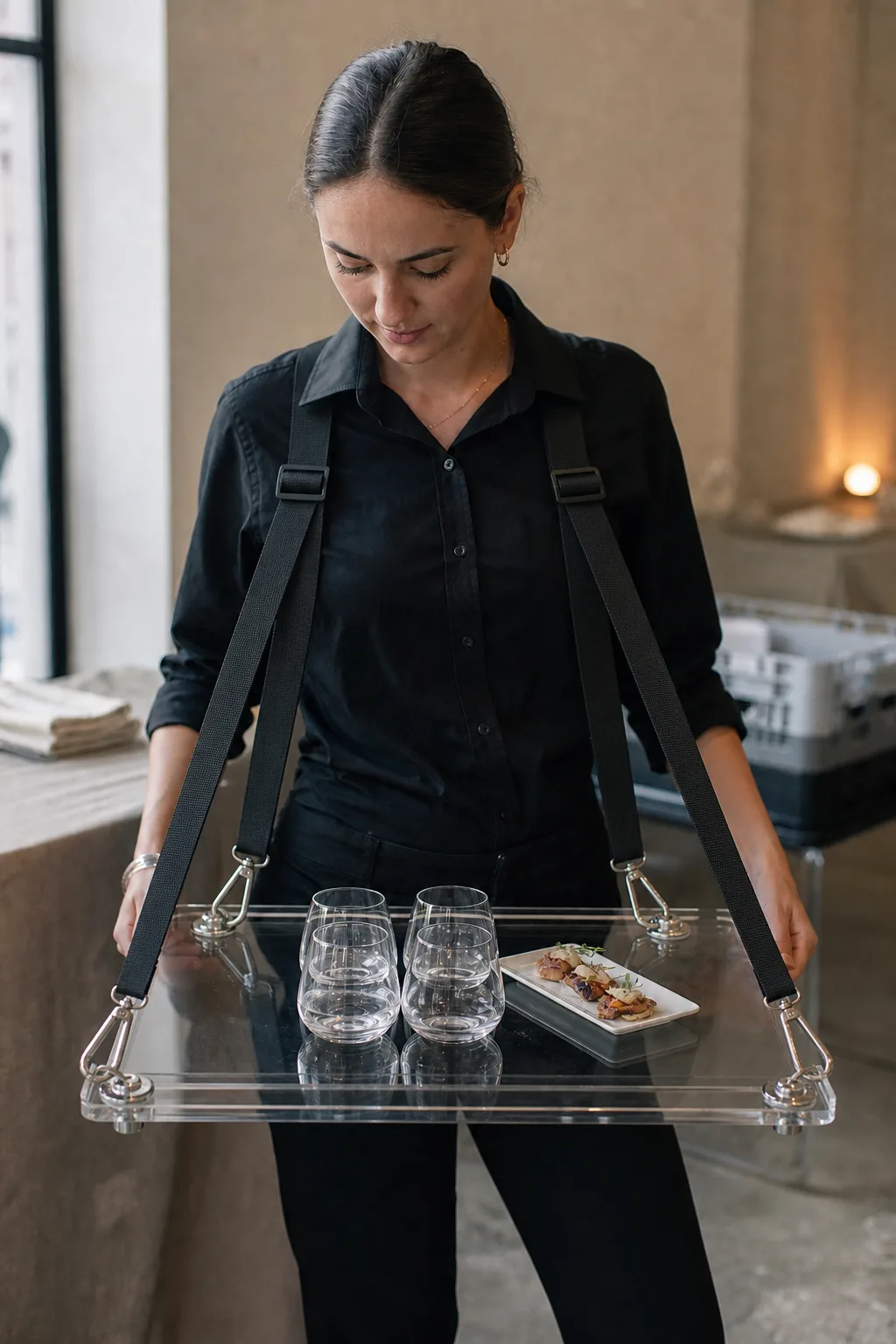 Wearable clear acrylic catering tray with shoulder strap clipped to stainless eyelet anchors, plexiglass serving tray for event service