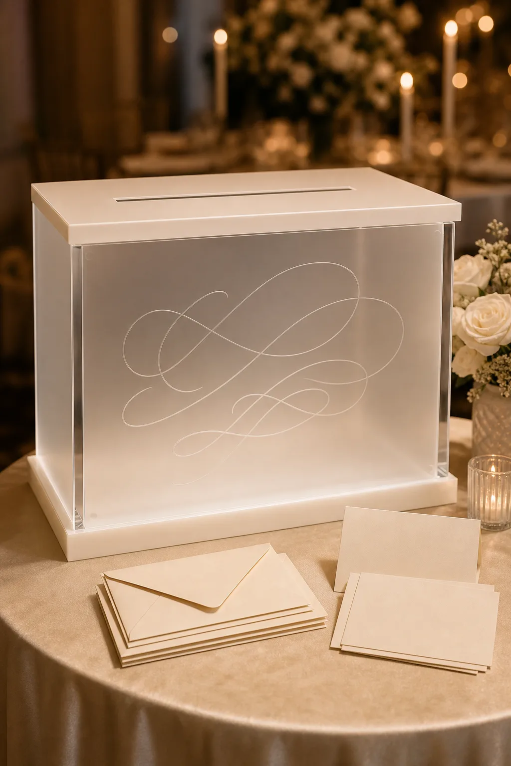 Slot-top acrylic wedding card box in warm white and frosted acrylic with laser-engraved names on the front panel, on a reception gift table beside matching stationery