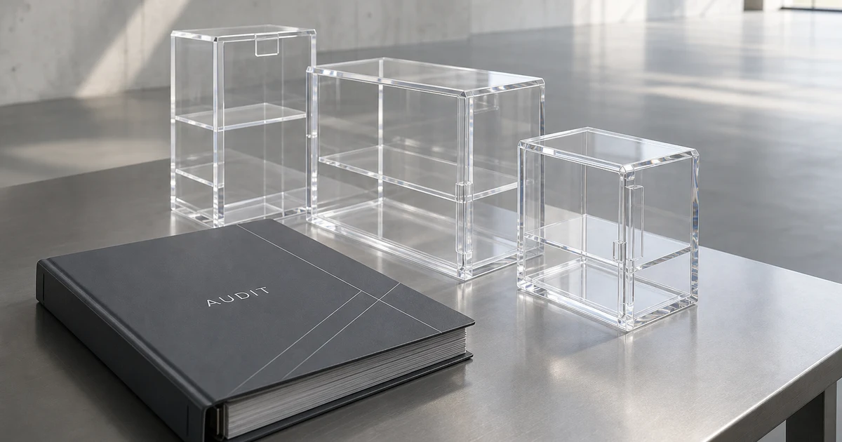 Factory floor binder labeled AUDIT on a QC bench beside finished cast acrylic case prototypes, soft natural light, B2B supplier audit context