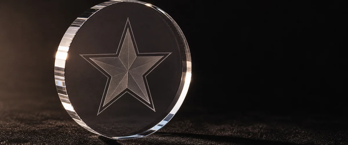 Macro close-up of a single round acrylic recognition award on black velvet, diamond-polished edge bevel catching warm key light, laser-engraved star insignia visible on the face