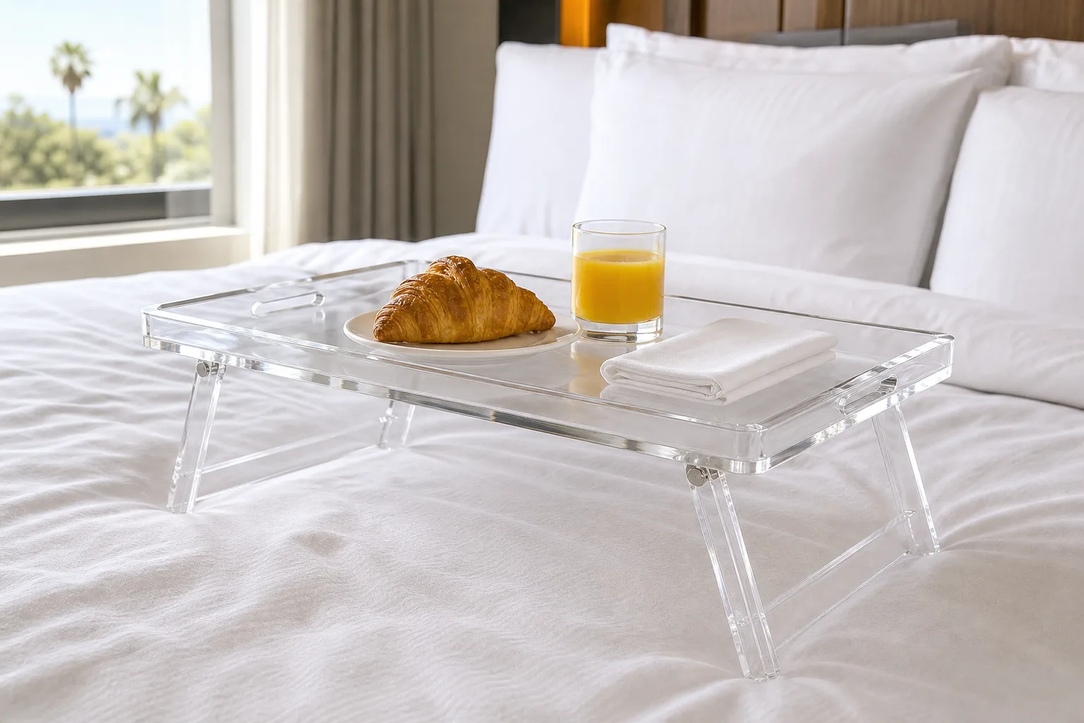 Clear acrylic bed tray with folding legs holding a breakfast setting on a white hotel bed, glossy PMMA surface catching soft window light