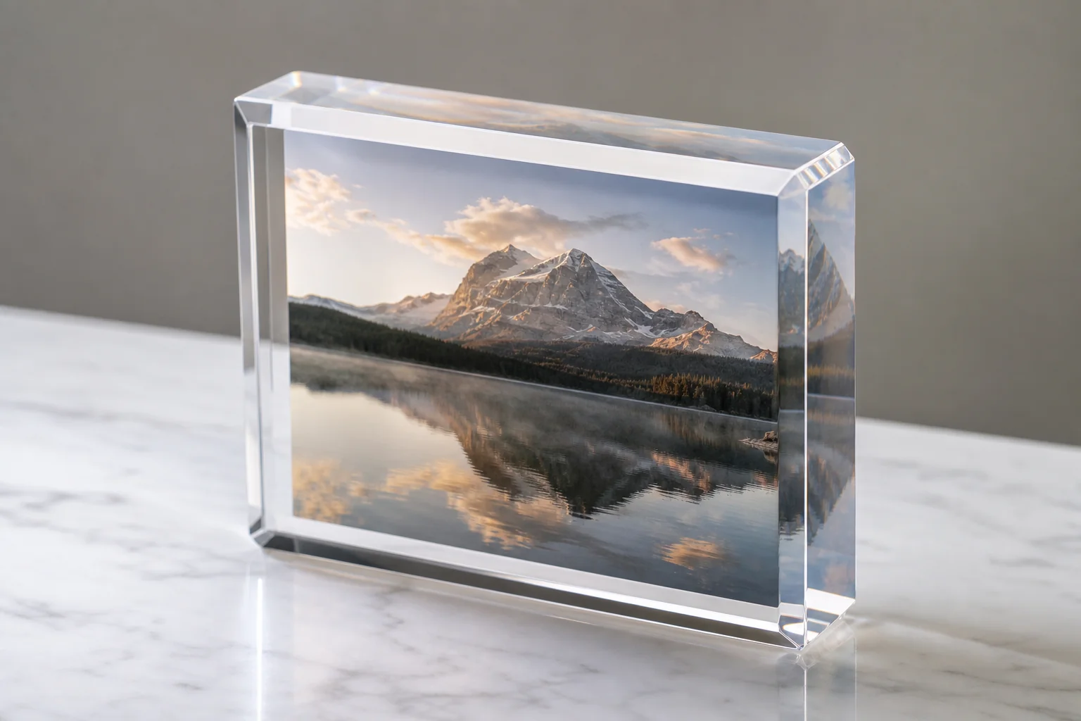 Thick clear acrylic block frame with a photo print standing upright, polished cast PMMA edges refracting light