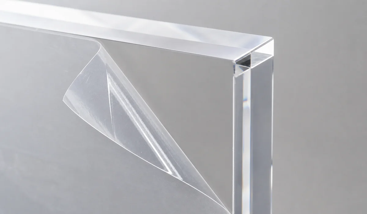 Macro of a 20 mm acrylic photo block corner with polished PMMA edge catching light and protective film half-peeled from the back face