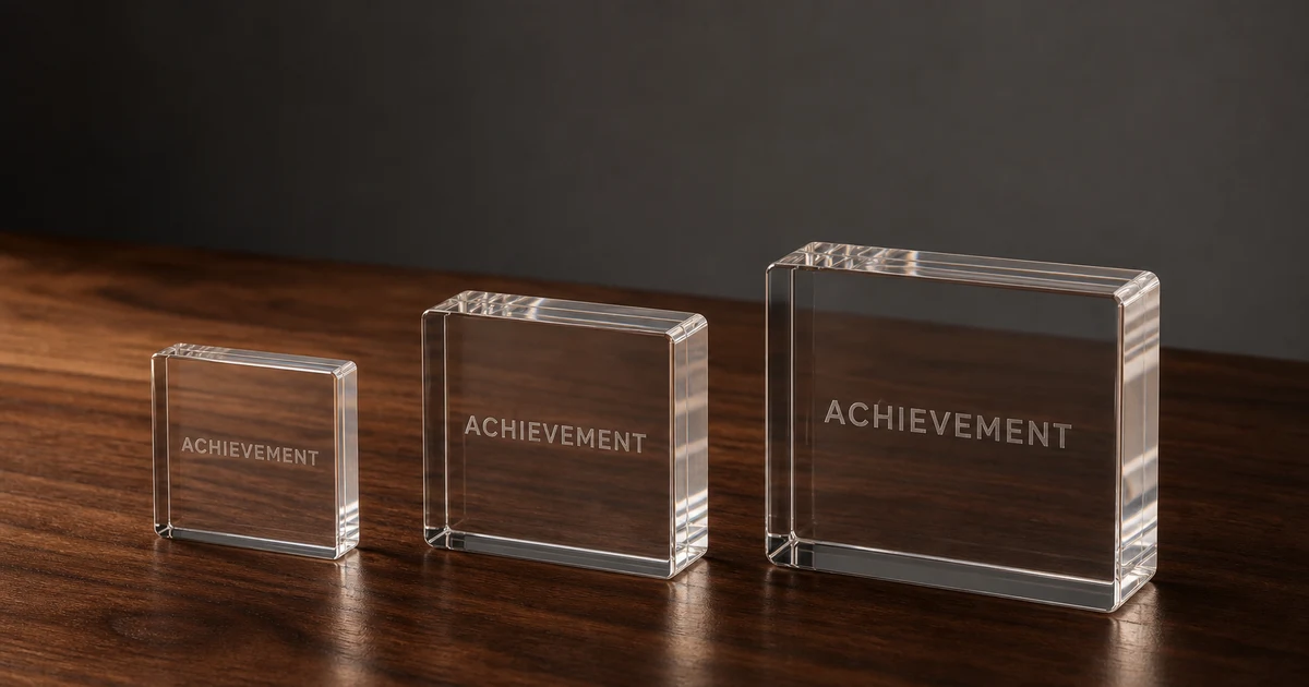 Three engraved cast acrylic award blocks (12mm, 25mm, 50mm) arranged on a polished walnut surface, soft directional studio light catching the chamfered edges, ACHIEVEMENT placeholder engraving readable through translucent PMMA depth