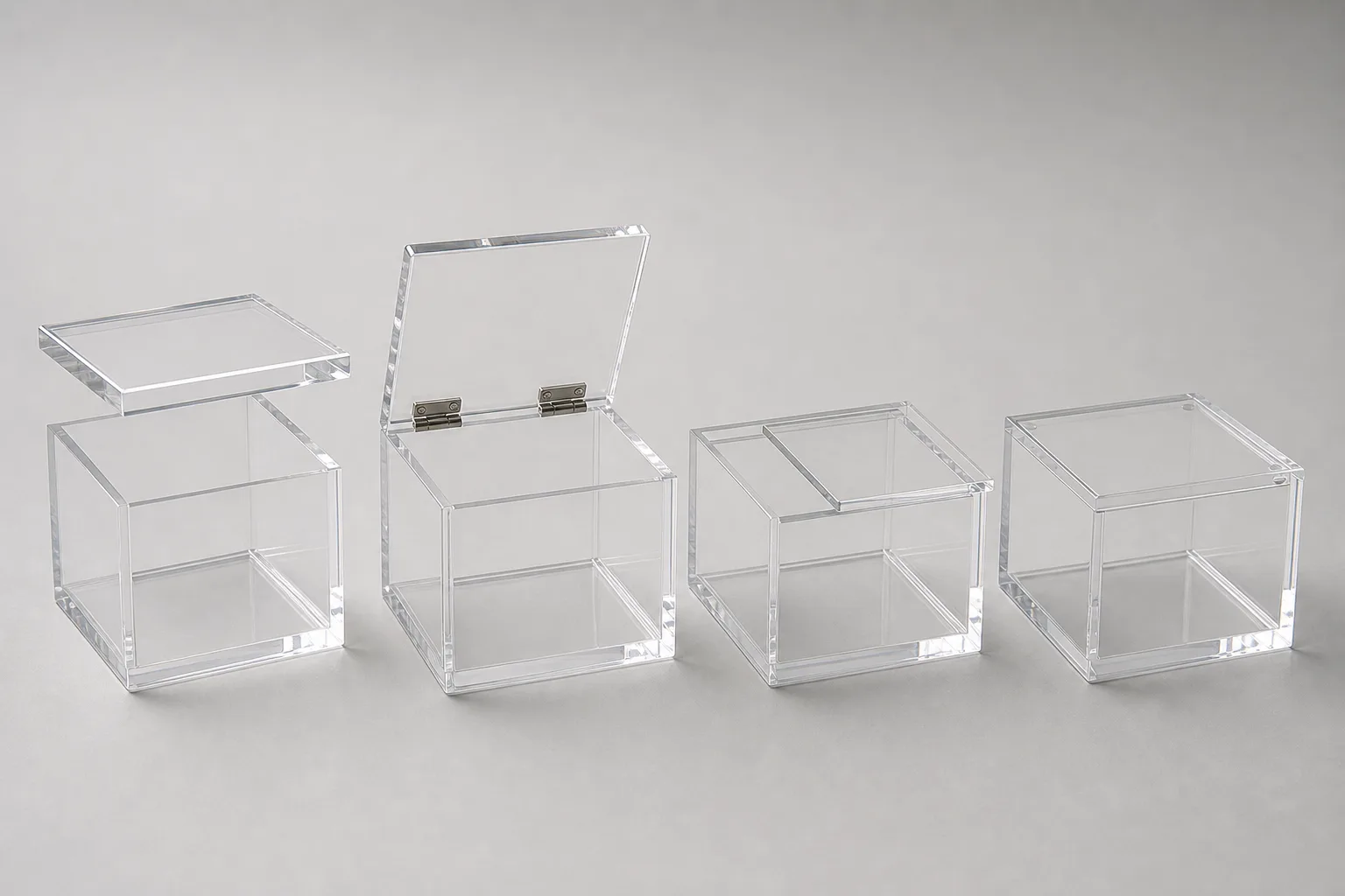 Four clear cast acrylic boxes with lids in a row — lift-off, hinged, sliding, and magnetic lid formats with polished edges catching the light