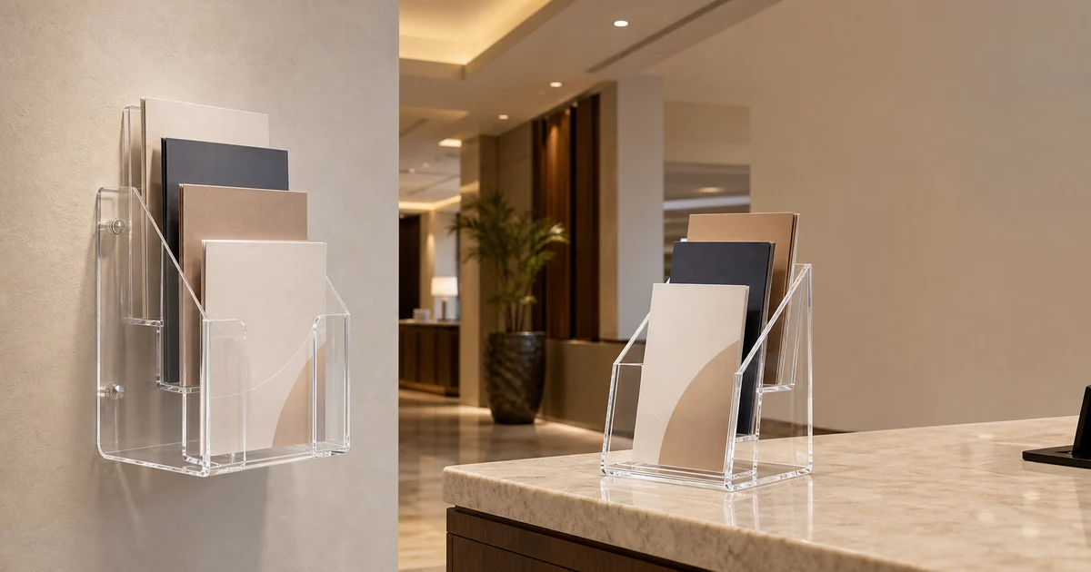 Hotel lobby split-scene with wall-mount brochure holder visible left (drywall behind) and countertop holder visible right (reception desk), brochures partially extracted from both, soft warm lobby lighting