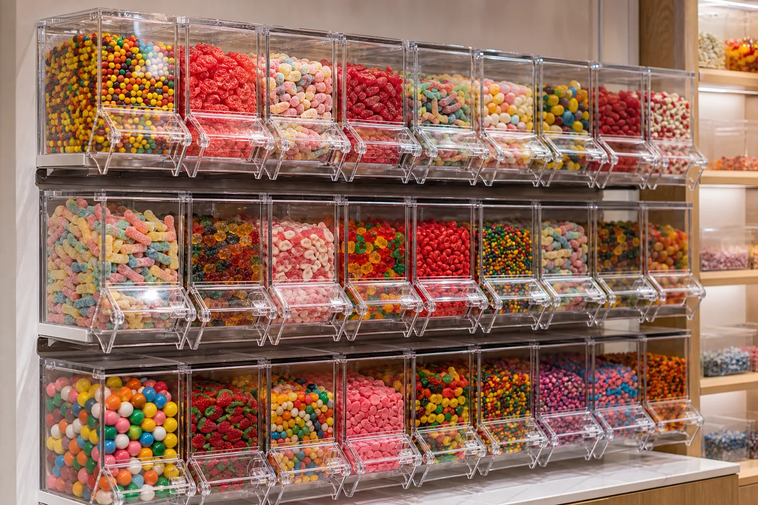 Wall-mounted bank of clear acrylic gravity bin dispensers in a candy store, three rows of bins with angled chutes and pull handles, colorful bulk candy visible through the PMMA hoppers