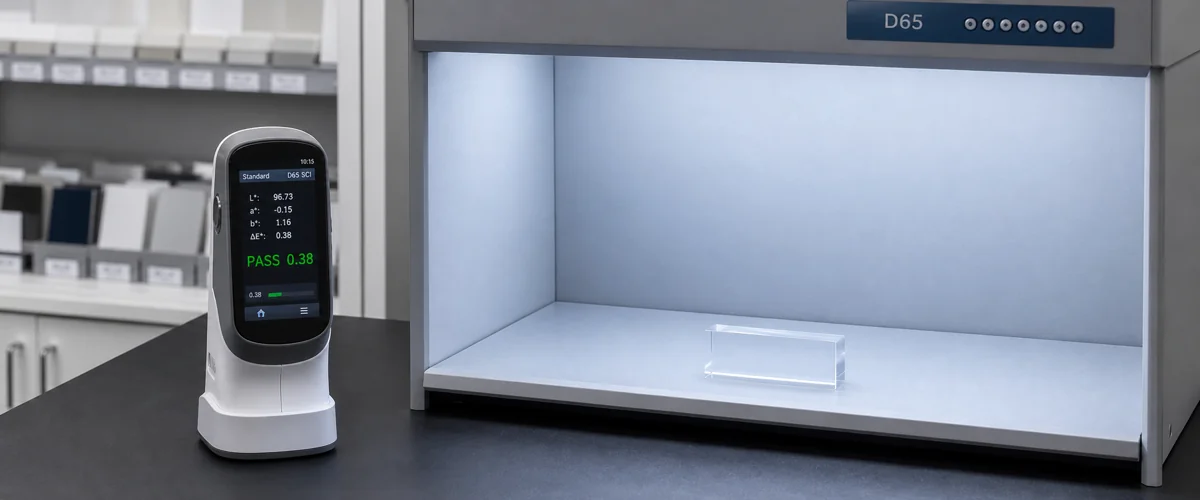 QC inspector reading a spectrophotometer over a brand-color acrylic sample under a D65 light booth — acrylic color matching pre-check station