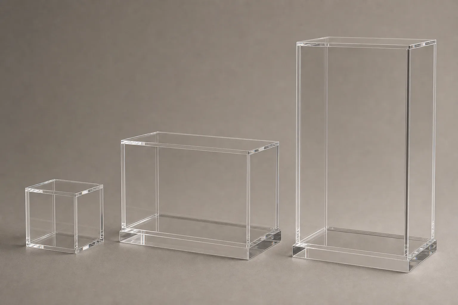 Three clear acrylic display cases in ascending sizes on a neutral studio surface, showing how display case dimensions scale from a small figurine case to a countertop unit